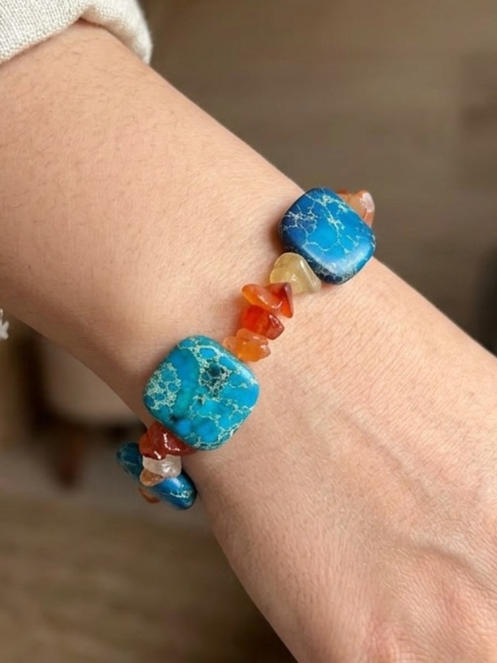 Handcrafted Sea Sediment Jasper and Carnelian Chipped Stones Stretch Bracelet